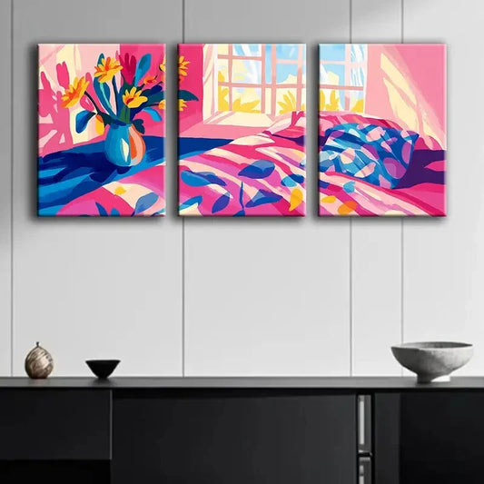 3pcs Illustration of Bedroom Colorful Perfect Wall Art Set Canvas Framed 40x60cm - High Quality Print 100% Australian Made Wall Canvas Ready to Hang
