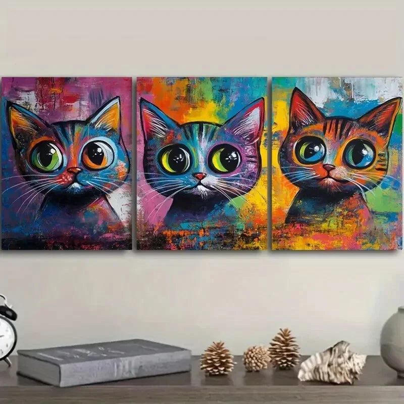 3pcs Colorful Cats Wall Art Set Canvas Framed 40x60cm - High Quality Print 100% Australian Made Wall Canvas Ready to Hang