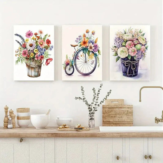 3pcs Bicycle and Floral Watercolor Metal Print Ready to Hang Art