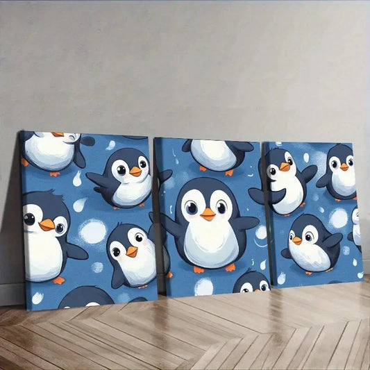 3pcs  Cute Penguin Design  Wall Art Set Canvas Framed 40x60cm - High Quality Print 100% Australian Made Wall Canvas Ready to Hang