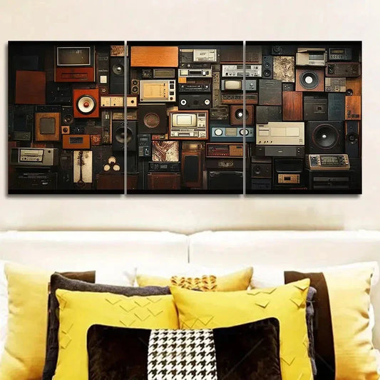3pcs Featuring a Collage of Retro Audio Devices  Wall Art Set Canvas Framed 40x60cm - High Quality Print 100% Australian Made Wall Canvas Ready to Hang