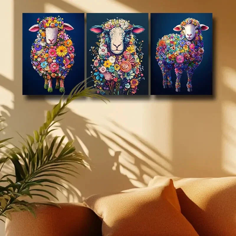 3pcs Colorful Sheep made of flowers Metal Print Ready to Hang Art