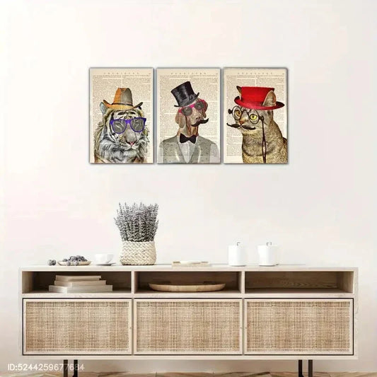 3pcs Humorous Animal Portraits with Glasses & Hats Metal Print Ready to Hang Art