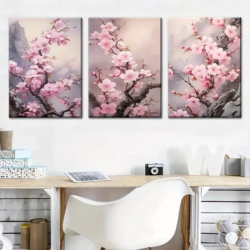 3pcs Featuring Delightful Pink Cherry Blossom  Wall Art Set Canvas Framed 40x60cm - High Quality Print 100% Australian Made Wall Canvas Ready to Hang