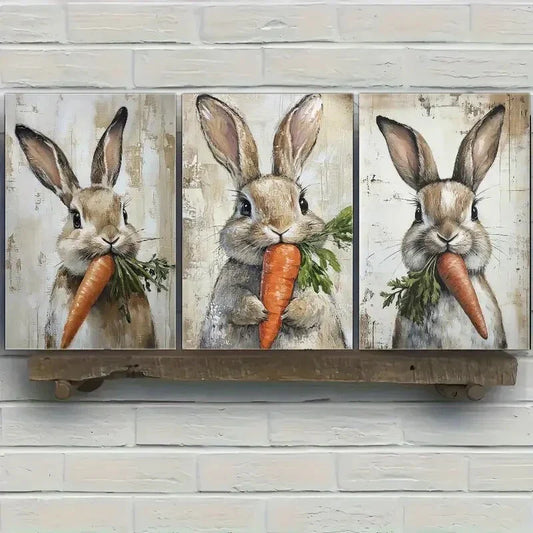 3pcs Cute Bunny and Carrot Whimsical Farmhouse Metal Print Ready to Hang Art