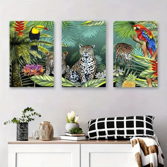3pcs Tropical Birds and Plants, Safari Themed Metal Print Ready to Hang Art