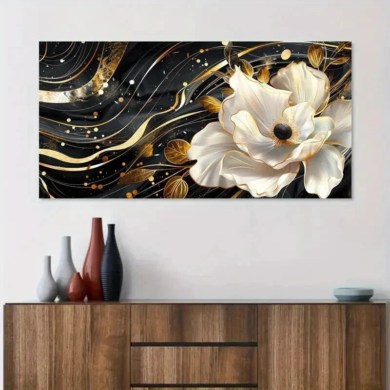 Abstract Gold White Flower wall canvas office home room framed 120x60cm