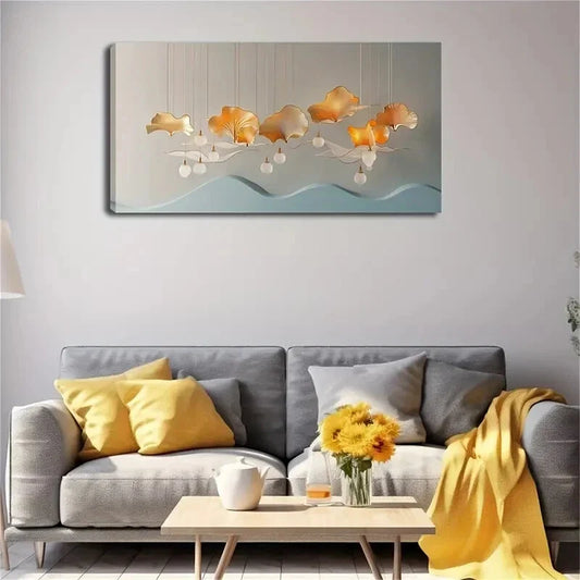 Golden Ginkgo Leaves White Wall Art Canvas Office Home Room Framed 120x60cm