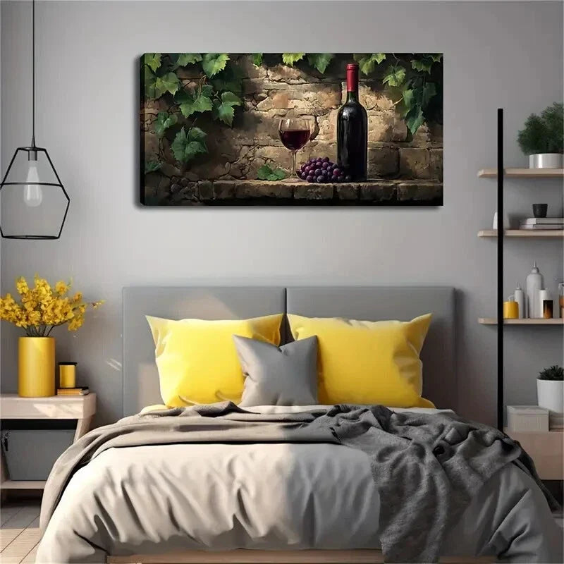 Stone Wall & Wine Bottle Grape Wall Art Canvas Office Home Room Framed 120x60cm