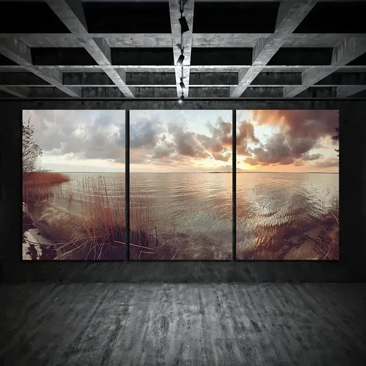 3pcs Lake Sunset White Clouds Metal Print Ready to Hang Art