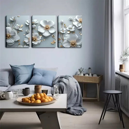 3pcs  Three-Dimensional, White Flowers Wall Art Set Canvas Framed 40x60cm - High Quality Print 100% Australian Made Wall Canvas Ready to Hang