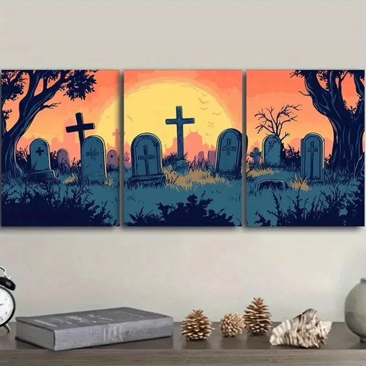 3pcs Featuring a Ghostly Graveyard Theme Metal Print Ready to Hang Art