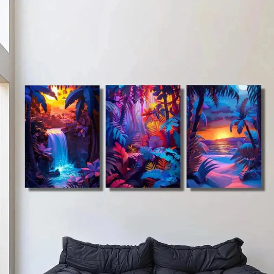 3pcs Tropical Waterfall, Jungle Sunset Metal Print Ready to Hang Art
