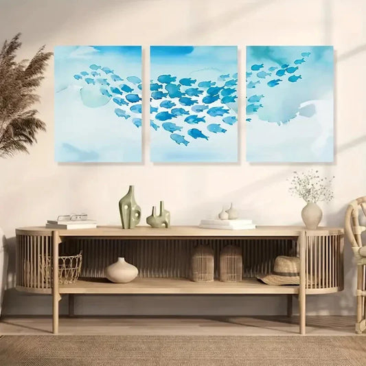 3pcs  Blue Minnows School Swimming Abstract Animal  Metal Print Ready to Hang Art