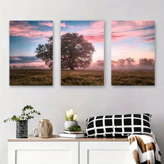 3pcs Sunrise Tree Misty Field Nature Morning Sky Metal Print Ready to Hang Art