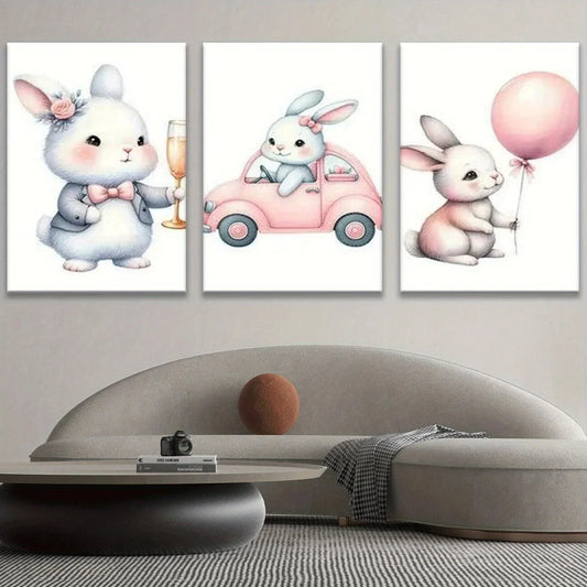 3pcs Cutest Bunny Driving Car Pink Balloon Metal Print Ready to Hang Art