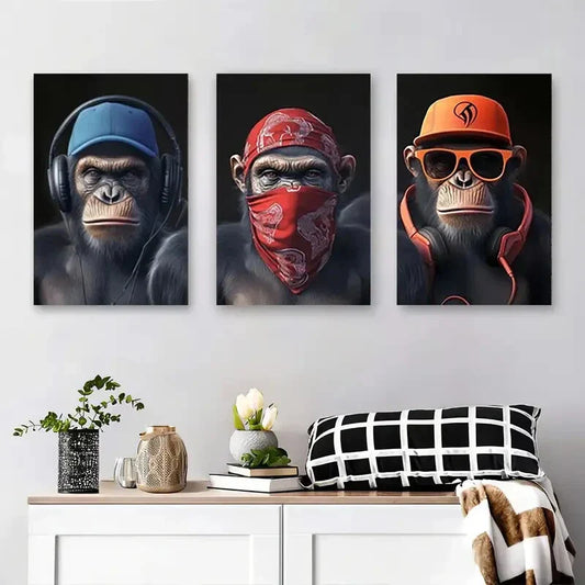 3pcs Stylish Monkeys with Headphones Metal Print Ready to Hang Art