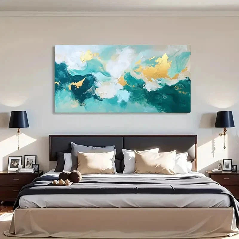 Teal & Golden Accents Abstract Wall Art Canvas Office Home Room Framed 80x45cm