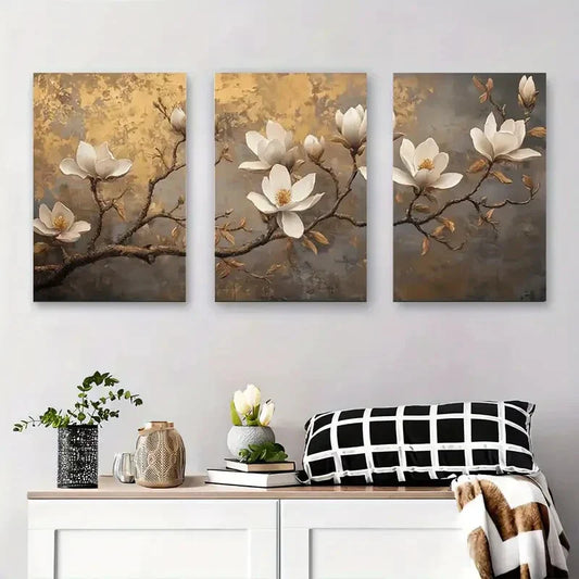 3pcs Elegant White Magnolia Flowers with Golden Metal Print Ready to Hang Art