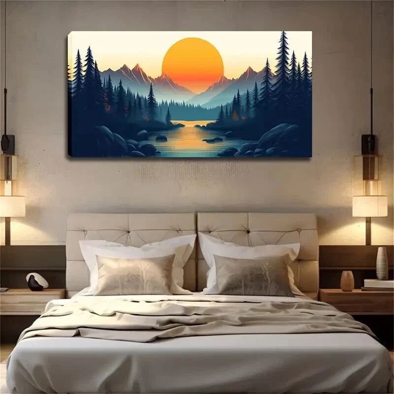 Mountains Huge Sun Slowly Rise Wall Art Canvas Office Home Room Framed 120x60cm
