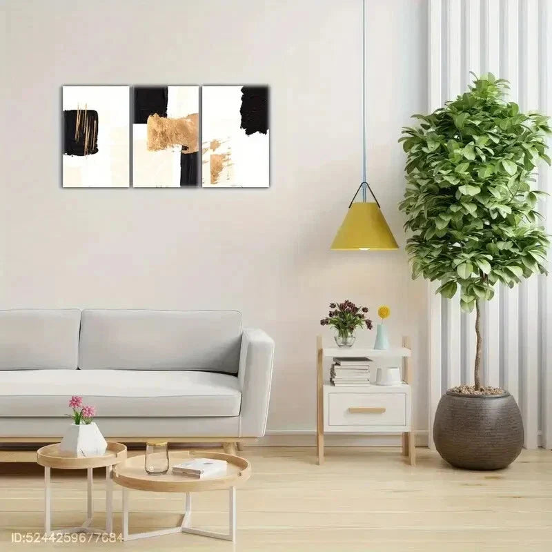 3pcs Black White and Golden Brush Stroke Designs Metal Print Ready to Hang Art
