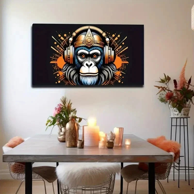 Vibrant Monkey With Headphones Wall Art Canvas Office Home Room Framed 120x60cm