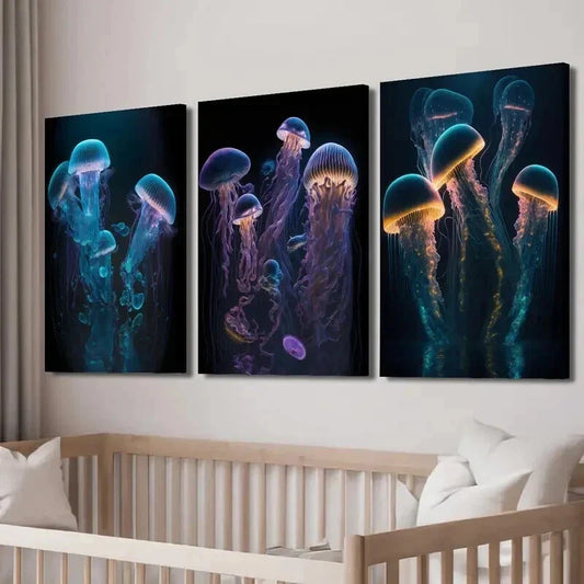 3pcs Glowing Jellyfish Marine Life Wall Art Set Canvas Framed 40x60cm - High Quality Print 100% Australian Made Wall Canvas Ready to Hang
