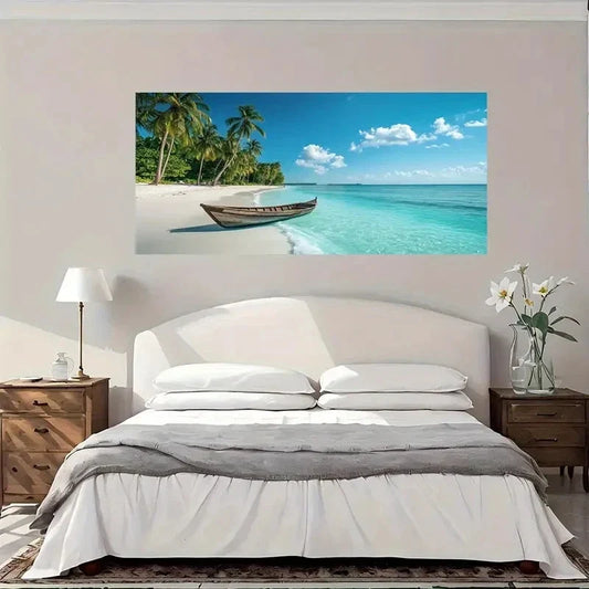 Turquoise Ocean Palm Trees Boat Wall Art Canvas Office Home Room Framed 80x45cm