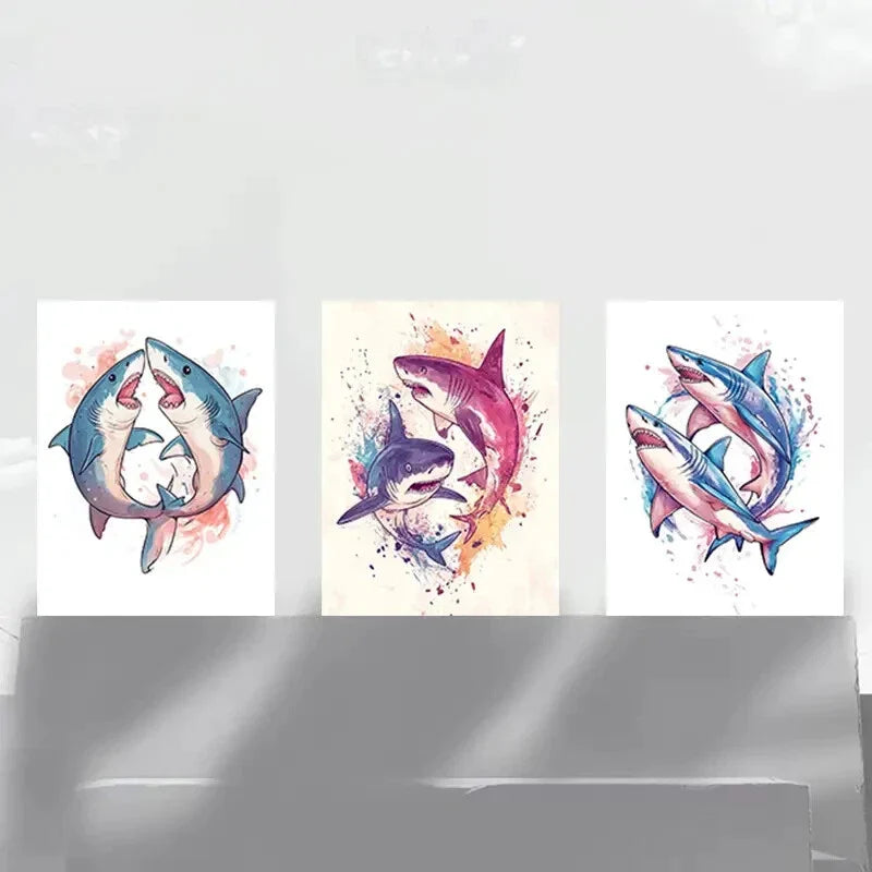 3pcs Vibrant Shark Ocean-Themed Metal Print Ready to Hang Art