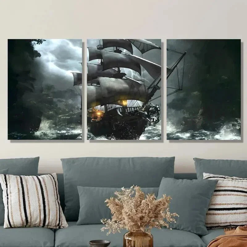3pcs Pirate Ship in Storm Fantasy Nautical Theme Metal Print Ready to Hang Art