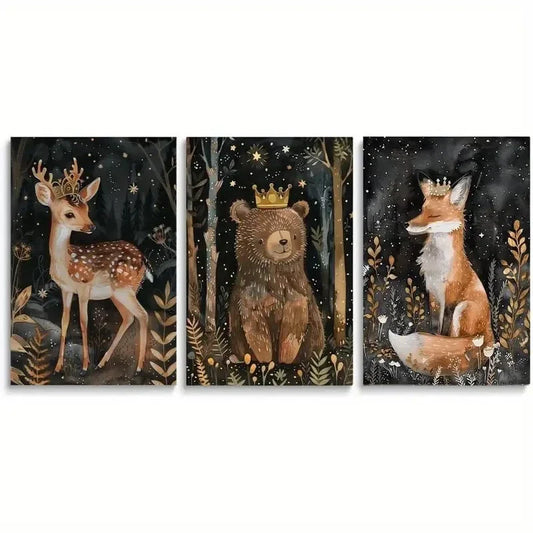 3pcs Royal Deer, Crowned Bear, Majestic Fox, Metal Print Ready to Hang Art