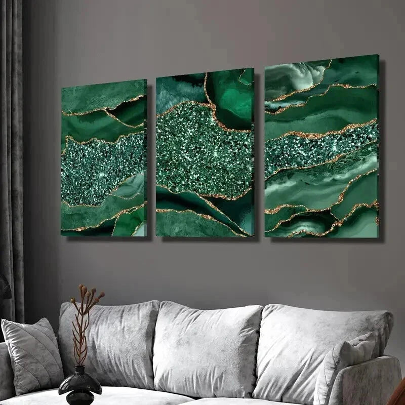 3pcs Green Agate Golden Glitter Texture Wall Art Set Canvas Framed 40x60cm - High Quality Print 100% Australian Made Wall Canvas Ready to Hang