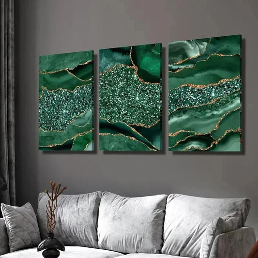 3pcs Green Agate Golden Glitter Texture Wall Art Set Canvas Framed 40x60cm - High Quality Print 100% Australian Made Wall Canvas Ready to Hang