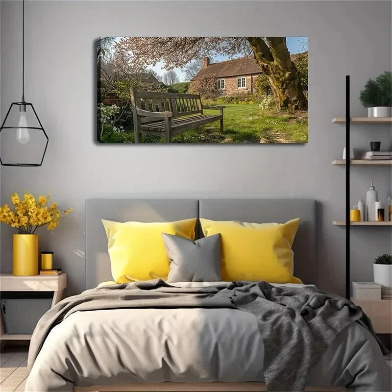 Countryside Cottage & Bench Wall Art Canvas Office Home Room Framed 120x60cm