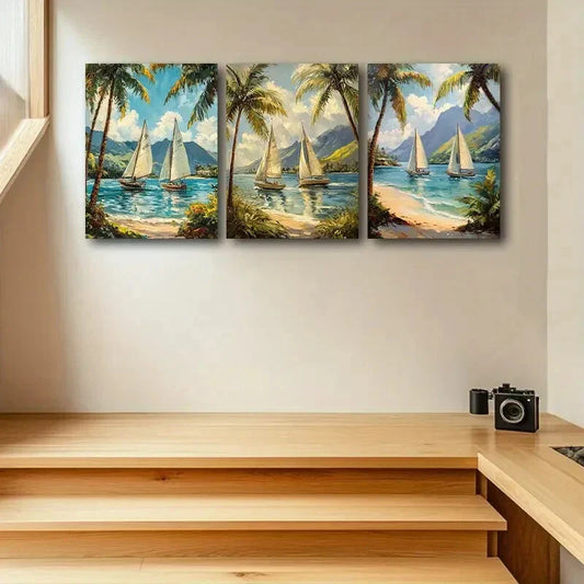 3pcs Vibrant Beach & Mountain Scene with Sailboat Metal Print Ready to Hang Art