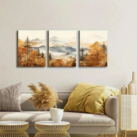 3pcs Autumn Mountain Forest Watercolor Nature Metal Print Ready to Hang Art