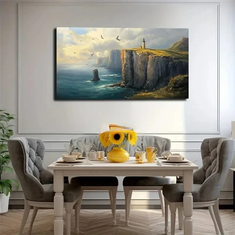 Lighthouse On The Cliff Wall Art Canvas Office Home Room Framed 80x45cm