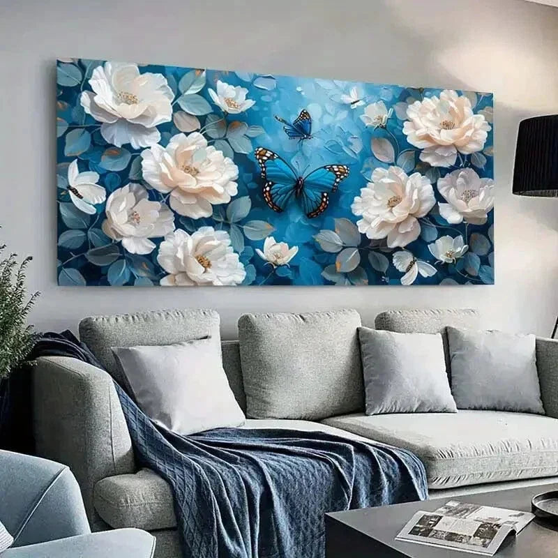 Vibrant Blue Background Flower Wall Art Canvas Office Home Room Framed 80x45cm