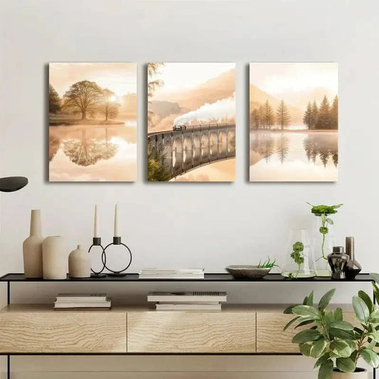 3pcs Sunset & Lake Reflection Canvas Wall Art Metal Print Ready to Hang Art