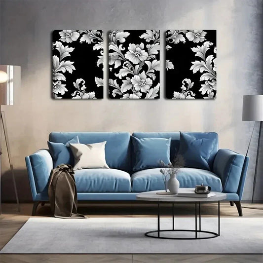 3pcs Black & White Flower Design Wall Art Set Canvas Framed 40x60cm - High Quality Print 100% Australian Made Wall Canvas Ready to Hang