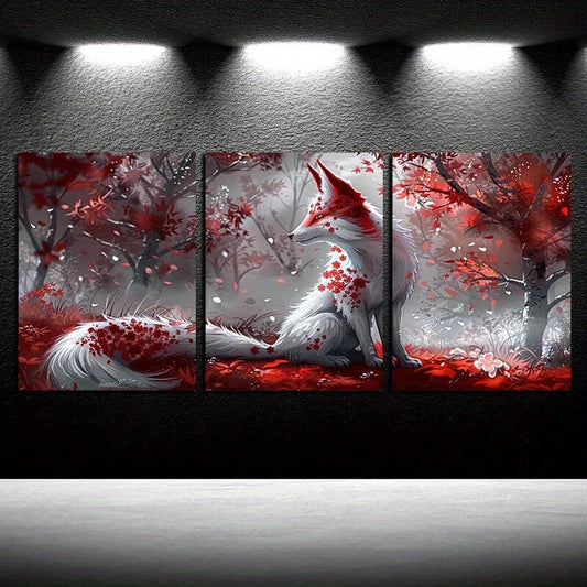 3pcs Stunning Fox in Red Forest Design Metal Print Ready to Hang Art