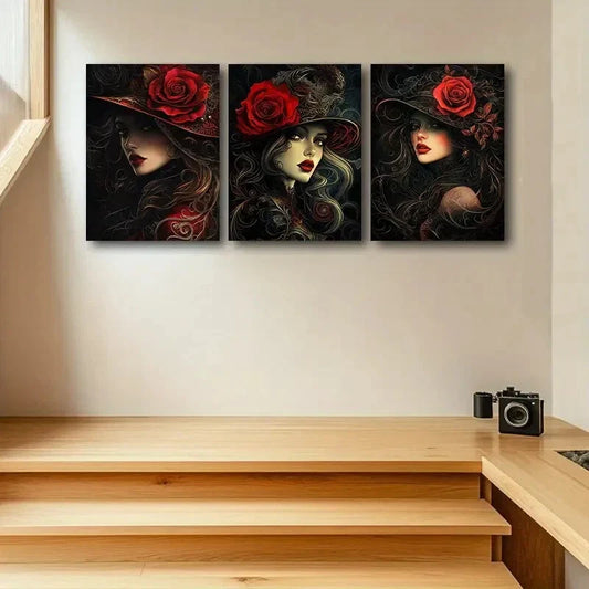 3pcs Sexy woman with Rose Hat Design Metal Print Ready to Hang Art