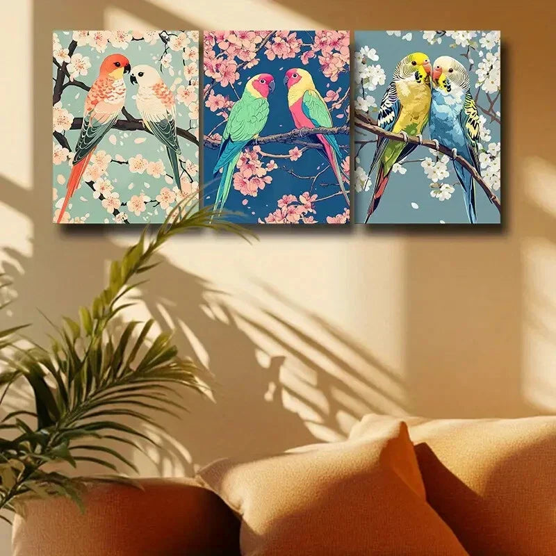 3pcs Two parrots with Florals Metal Print Ready to Hang Art