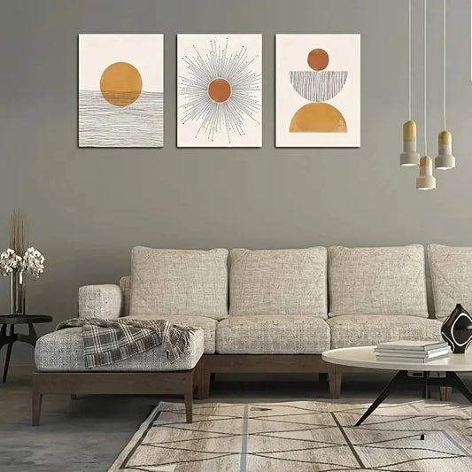 3pcs  Geometric Orange Sun Rising  Metal Print Ready to Hang Art