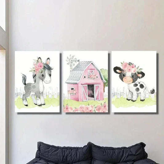 3pcs Cartoon Animals in Nature,, Metal Print Ready to Hang Art