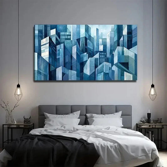 Abstract Cityscape Blue Wall Art Canvas Office Home Room Framed 120x60cm