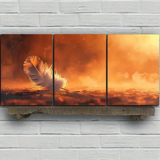 3pcs Feather Design Golden Brown White Wing Metal Print Ready to Hang Art