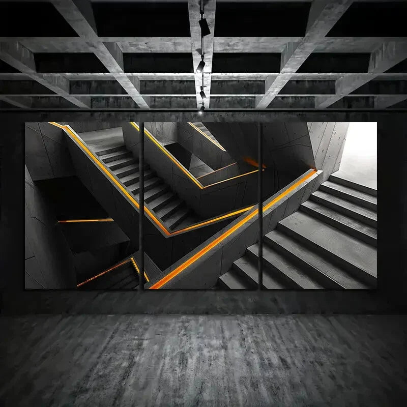 3pcs Steps Gray Colour Yellow Lines Metal Print Ready to Hang Art