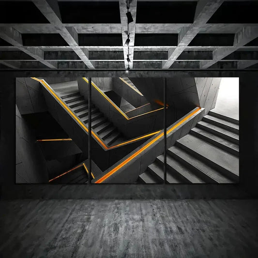 3pcs Steps Gray Colour Yellow Lines Metal Print Ready to Hang Art