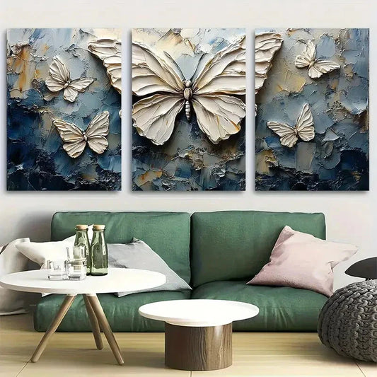 3pcs Elegant White Butterfly Textured Metal Print Ready to Hang Art